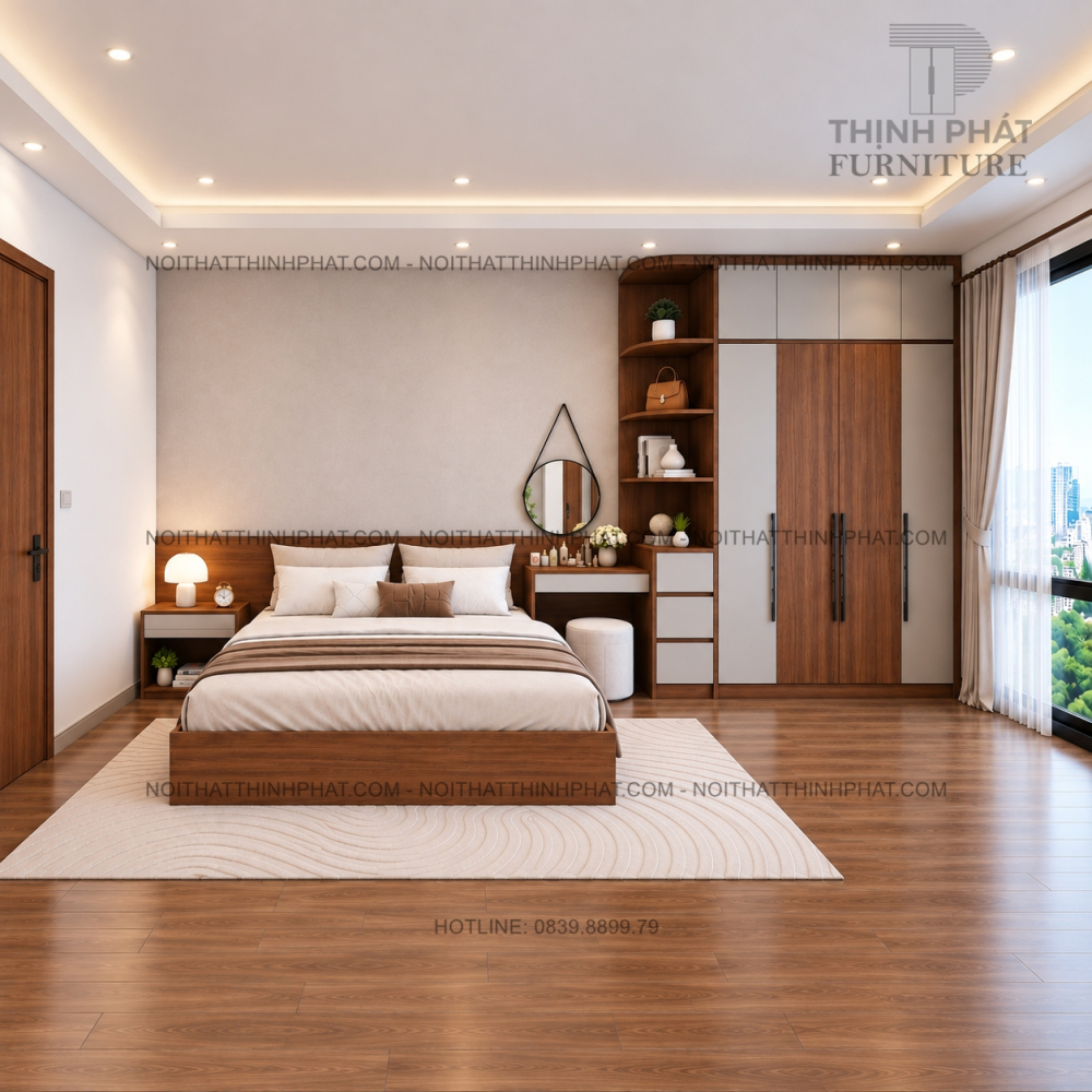 Combo Phòng Ngủ MDF Hiện Đại Tone Nâu Óc Chó Phối Xám Nhạt Có Tủ Áo Kịch Trần Kèm Kệ Trang Trí - PN13
